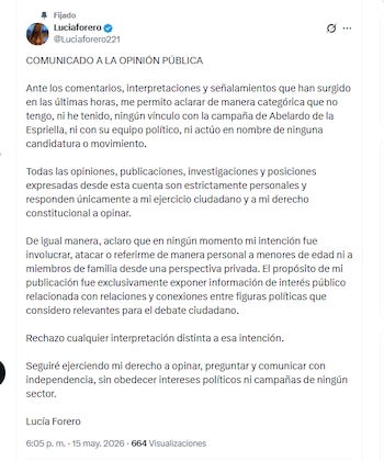 La usuaria Lucía Forero aseguró que no está vinculada a la campaña de Abelardo de la Espriella - crédito @Luciaforero221/X