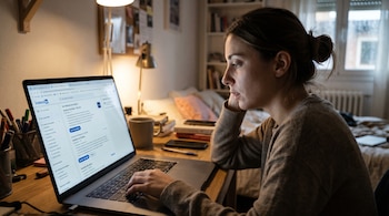 Una mujer sentada ante un escritorio observa la pantalla de una computadora portátil iluminada en una habitación.