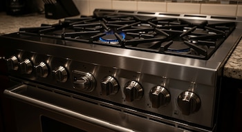 Cocina a gas de acero inoxidable con parrillas de hierro fundido, seis perillas de control y un quemador con llama azul. Se ve una encimera de granito.