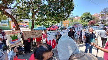 Varias personas protestan en una calle arbolada con pancartas y un megáfono. Una pancarta visible dice 'Pueblo Originario' y otra critica la planificación de la CDMX
