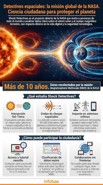 Ilustración del Sol emitiendo viento solar hacia la Tierra, rodeada por su campo magnético y datos digitales. Incluye textos sobre el proyecto Shock Detectives de NASA.