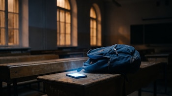 Un pupitre de madera con una mochila azul y un teléfono móvil encendido dentro de un aula escolar vacía con ventanas al fondo.
