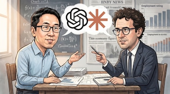 Ilustración de dos hombres, Darío Amodei a la derecha, sentados en una mesa con documentos. Burbujas de diálogo con los logos de OpenAI y un asterisco. Fondo con pizarra y periódicos.