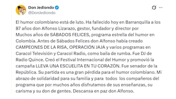 Pedro González, Don Jediondo, lamentó la pérdida de Lizarazo y reconoció su papel como fundador y líder de Sábados Felices durante décadas - crédito Don Jediondo / X