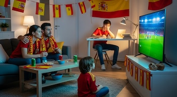Una familia española mira un partido de fútbol en TV en una sala decorada con banderas; un adolescente estudia con laptop en el fondo.
