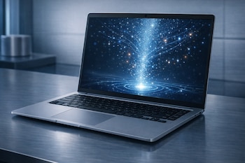Primer plano de un portátil plateado abierto sobre una mesa metálica oscura. La pantalla muestra un torbellino brillante de luz azul y puntos luminosos.