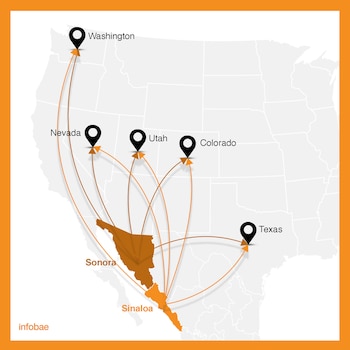 Mapa de los principales puntos de operación del grupo criminal independiente González Peñuelas, designado en la lista negra del Departamento de Tesoro de EEUU (Mapa: Infobae México)