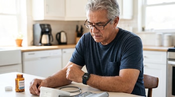 Un hombre adulto con gafas mira su reloj inteligente, mostrando una lectura de presión arterial. En la mesa hay un frasco de Lisinopril y un tensiómetro en la cocina.