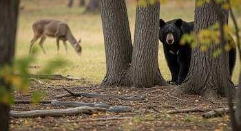 Oso negro entre dos árboles, un ciervo en segundo plano, y una serpiente en el suelo, en un bosque con hojas y ramas secas.