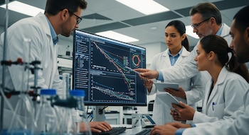 Grupo de cinco científicos con batas blancas observando una pantalla grande que muestra gráficos de curvas de reducción de riesgo y datos en un laboratorio.