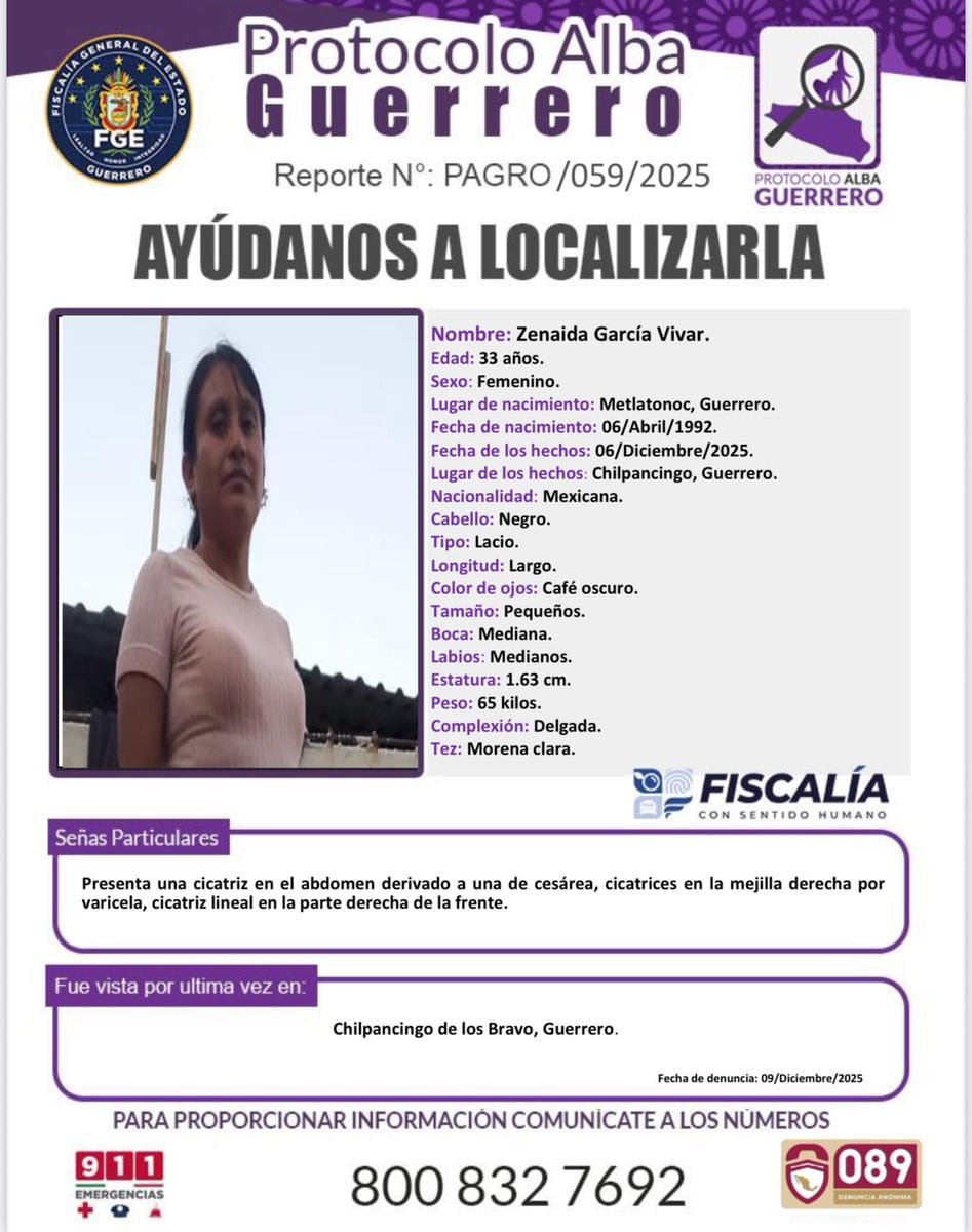 Zenaida desapareció junto a sus cinco hijos. Foto: (FGE Guerrero)