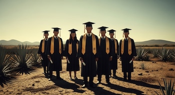 Seis personas con toga y birrete de graduación, fajines dorados y diplomas, en un campo árido con plantas de agave y montañas al fondo bajo un cielo despejado.