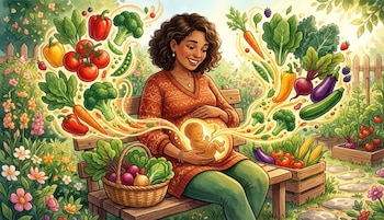 Ilustración de una mujer embarazada sentada en un jardín, con frutas y verduras flotando hacia su vientre que brilla con un feto