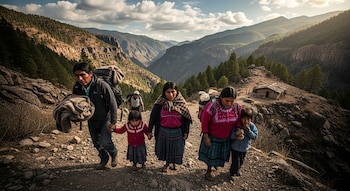 Una familia con mochilas y mantas camina por un sendero rocoso entre montañas boscosas; atrás hay otro hombre y una casa rústica.