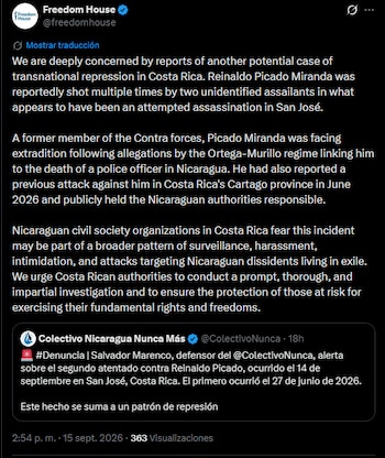 La organización ve un posible episodio de represión transnacional tras los disparos contra Reinaldo Picado Miranda en San José y pidió a Costa Rica una pesquisa rápida, exhaustiva e imparcial junto con protección.