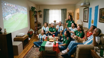 Una familia de nueve personas y un perro mira un partido de fútbol del Mundial proyectado en una pared, con camisetas de Argentina y México, banderas y comida en la sala.