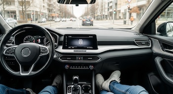 Vista desde el interior de un automóvil moderno, mostrando el volante, tablero digital con 'Auto Hold' activado, piernas del conductor y una calle urbana con semáforo rojo al frente.