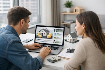 Un hombre y una mujer miran una laptop que muestra una casa, pilas de monedas y perfiles de usuario; en la mesa hay un modelo de casa, llaves y dinero.