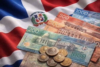 Billetes de 200, 500 y 1000 pesos dominicanos y monedas de distintas denominaciones apiladas sobre una bandera de República Dominicana.