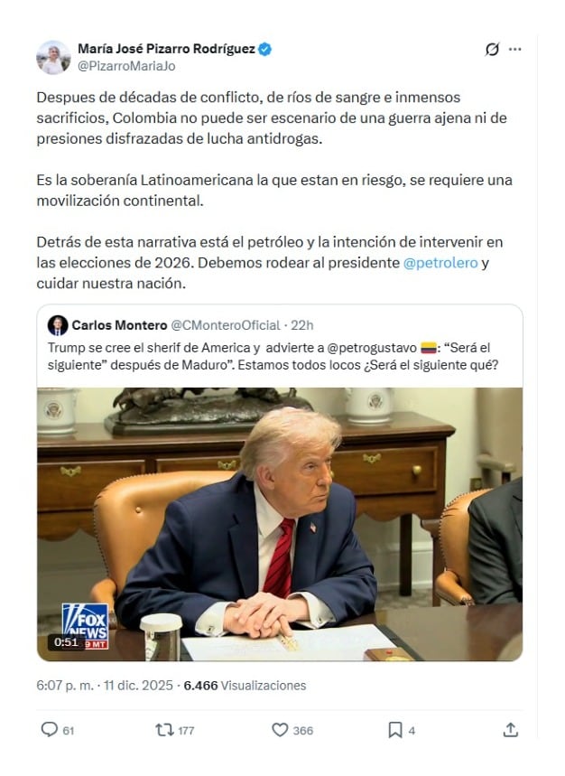 Con este mensaje en X, la senadora María José Pizarro expresó su respaldo a Gustavo Petro, ante los ataques de Donald Trump - crédito @PizarroMariaJo/X