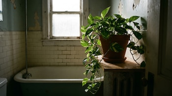 Planta pothos frondosa en maceta de terracota sobre un estante de madera en un baño. Se observa una bañera antigua, azulejos y una ventana al fondo.