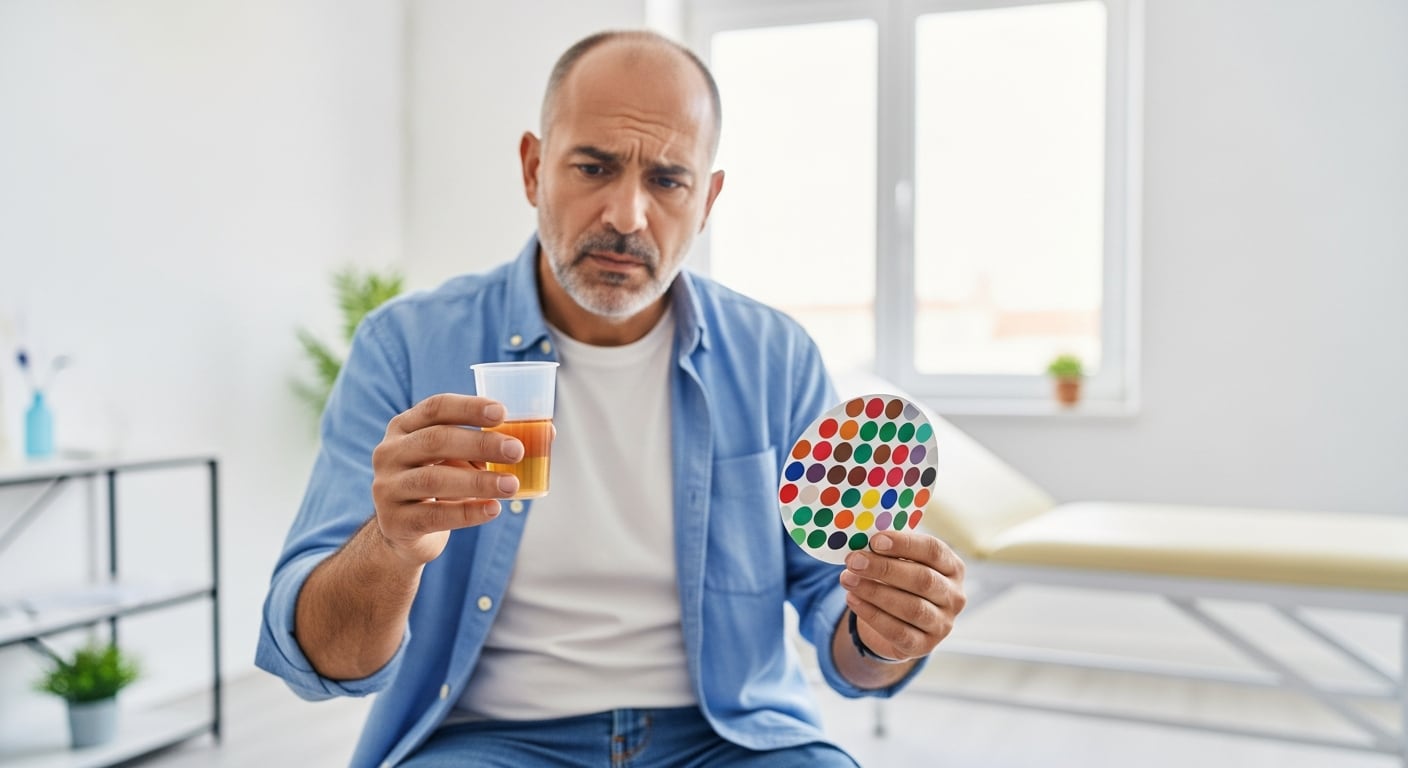 Un hombre observa con atención un recipiente con muestra de orina y una carta de colores, probablemente utilizada para comparar los resultados de un test casero en un entorno médico. La imagen resalta la importancia de los controles de salud preventiva y el autodiagnóstico asistido. (Imagen Ilustrativa Infobae)