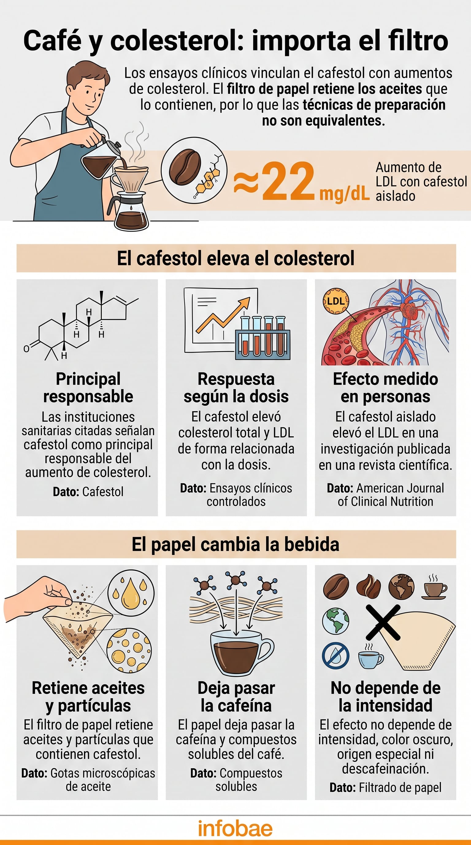 El uso de filtro de papel en el café evita el aumento de colesterol LDL causado por el cafestol. (Imagen Ilustrativa Infobae)