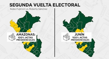 Dos mapas del Perú con regiones resaltadas en amarillo y verde, mostrando el progreso del conteo de actas presidenciales en Amazonas y Junín.