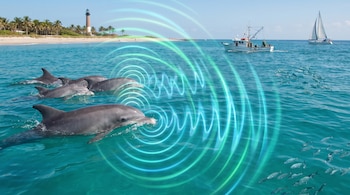 Delfines en el agua, con ondas de sonido visualizadas, un banco de peces, una playa con palmeras, un faro, un barco pesquero y un velero.