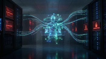 Sala de servidores oscura con alertas rojas en pantallas. Una IA abstracta central proyecta líneas de datos verdes hacia los servidores, mostrando vulnerabilidades.