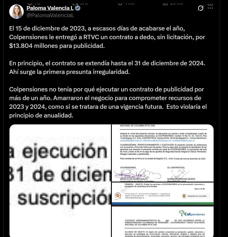 Paloma Valencia detalló tres adiciones a este contrato: $6.000 millones el 25 de junio de 2024, $11.252 millones el 23 de diciembre de 2024 y $6.300 millones el 29 de agosto de 2025 - crédito @PalomaValenciaL/X