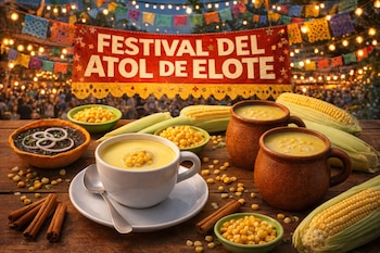 Banner rojo con texto "Festival del Atol de Elote", tres tazas de atole, mazorcas, granos de maíz, canela y un plato oscuro con aros de cebolla.