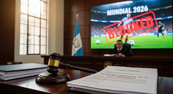 Mazo de juez y documento de "Orden Judicial" en mesa. Al fondo, pantalla con "MUNDIAL 2026" y "BLOCKED", bandera de Guatemala y figura borrosa de un juez.