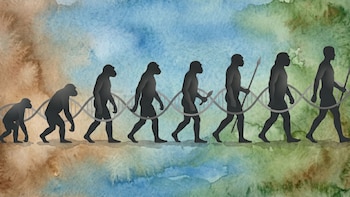 Siluetas de siete homínidos en progresión evolutiva, desde simiescos a humanos, con una hélice de ADN gris sobre fondo de acuarela azul y marrón