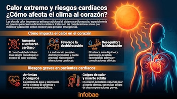 Infografía con título "Calor extremo y riesgos cardíacos", un sol, figura humana con sistema cardiovascular iluminado e iconos que ilustran efectos del calor.