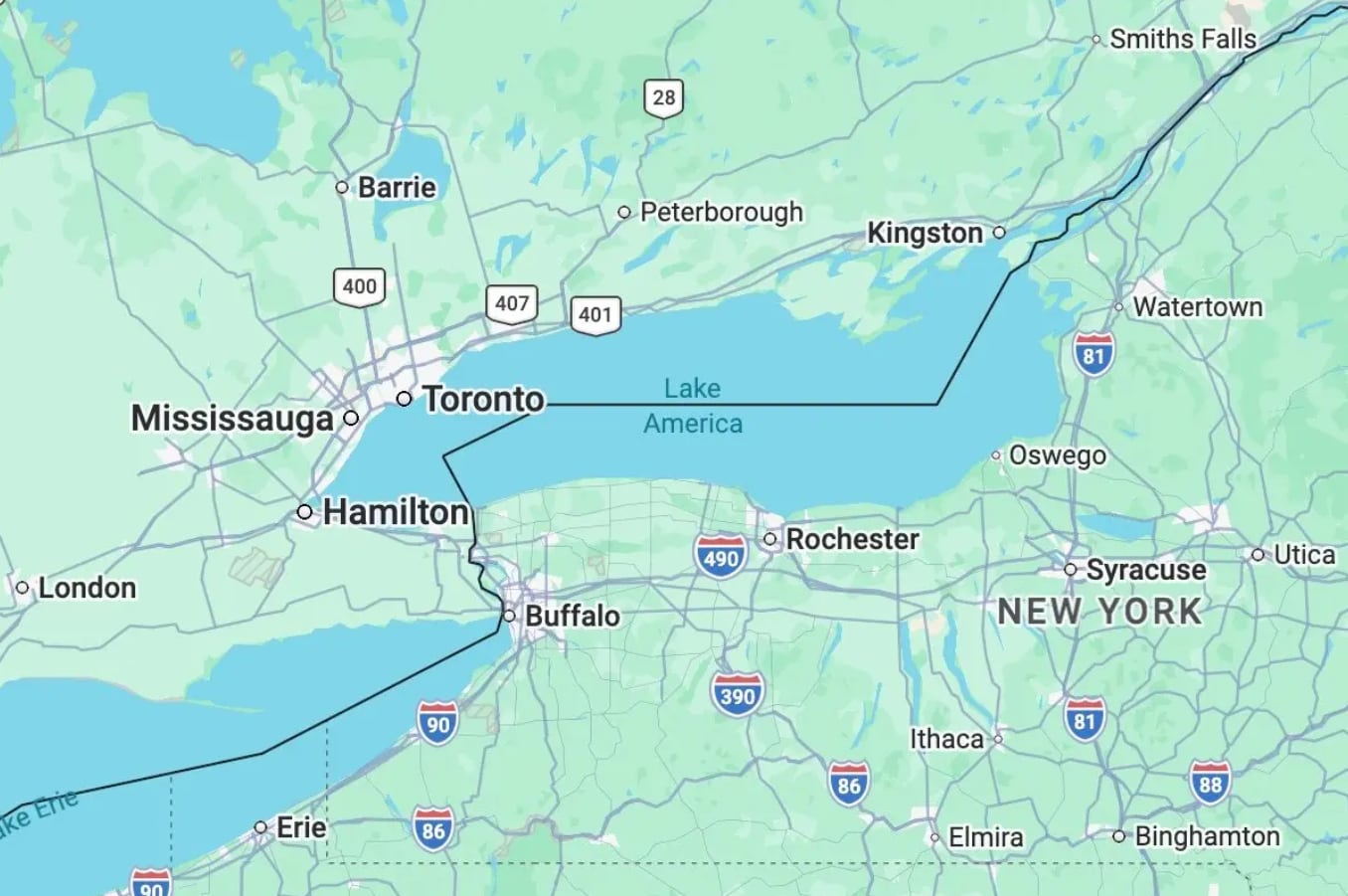 La app ya muestra “Lake America” en Estados Unidos tras la orden ejecutiva de Donald Trump para rebautizar el lago Ontario (Google Maps)