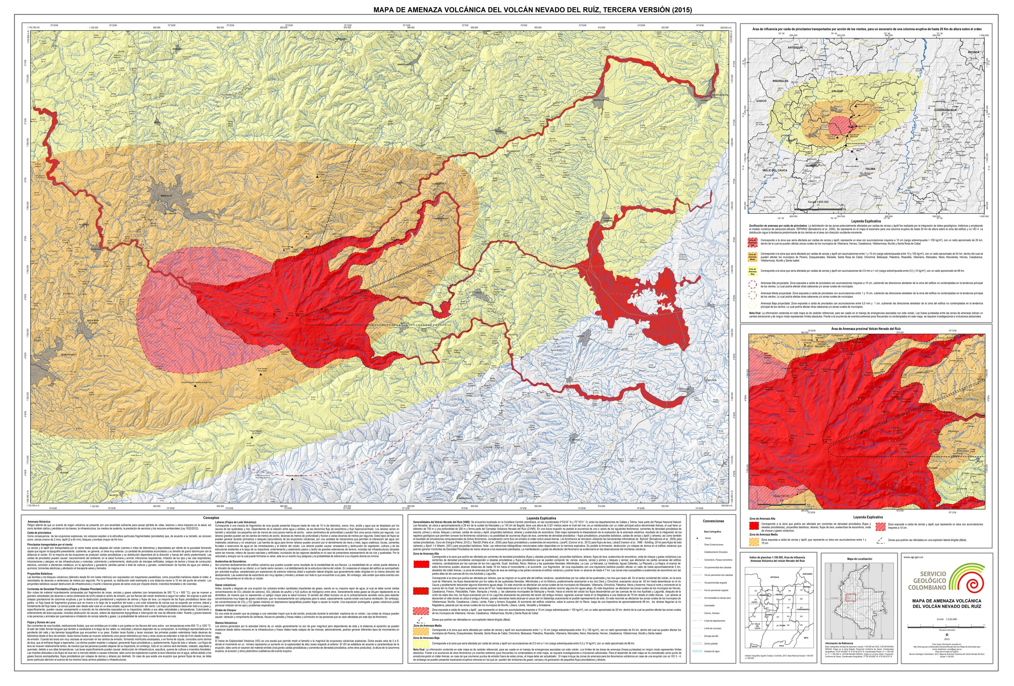 Mapa amenaza Volcán Nevado del Ruíz - crédito Servicio Geologico Colombiano