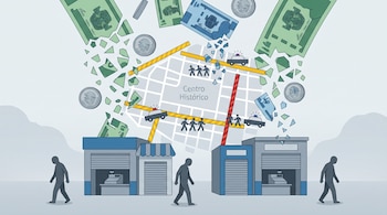 Ilustración digital de billetes y monedas mexicanos desmoronándose sobre un mapa del Centro Histórico con señales de bloqueo. Se ven negocios afectados y figuras humanas alejándose.