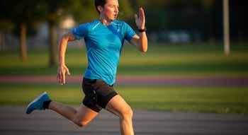 Retrato de um homem de cabelo curto, camiseta azul e short preto correndo na pista. Seu rosto estava um pouco vermelho pelo esforço.