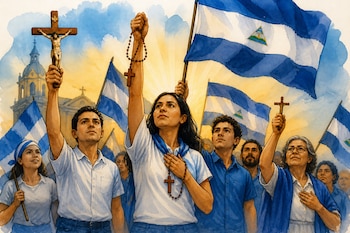 Varias personas alzan un crucifijo, un rosario y banderas de Nicaragua frente a una catedral.