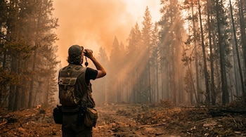 Una persona de espaldas con chaleco de campo y gorra utiliza binoculares frente a un bosque envuelto en humo anaranjado.