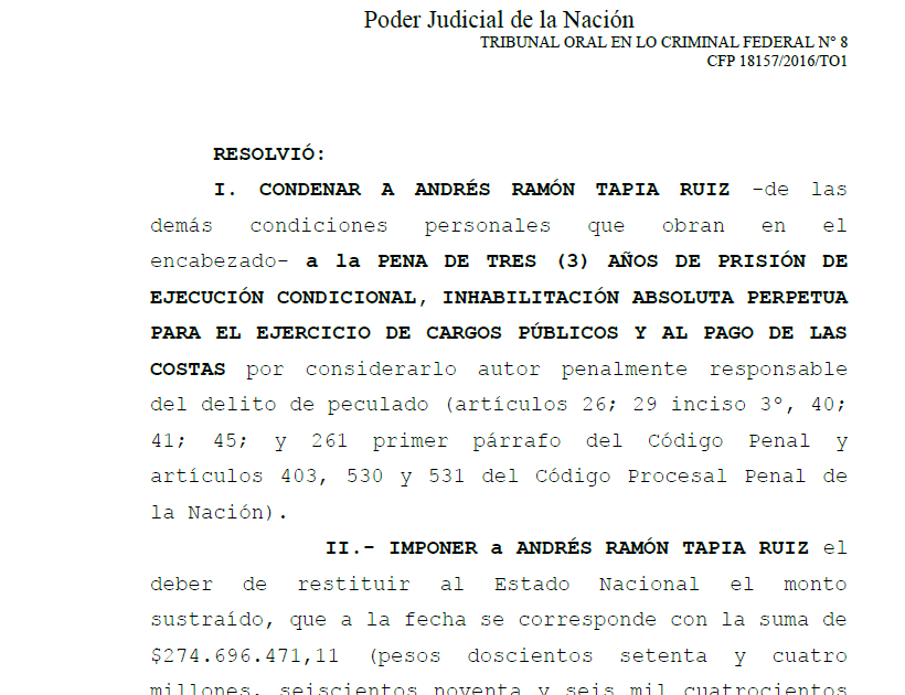 La condena al capitán Tapia dictada por el TOF N°8