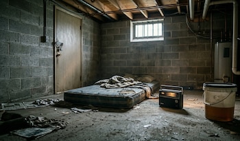 Sótano lúgubre con paredes de bloques de hormigón, un colchón viejo en el suelo, una radio, un cubo con líquido y una ventana enrejada