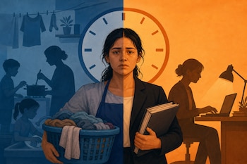 Una mujer sostiene un cesto con ropa y una carpeta frente a un reloj, entre escenas de tareas domésticas y trabajo de oficina.