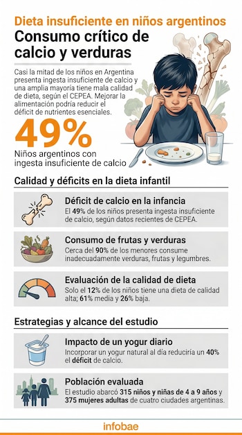 Infografía con un niño triste ante un plato casi vacío, huesos rotos y vegetales, ilustrando el déficit de calcio y dieta inadecuada en niños argentinos.