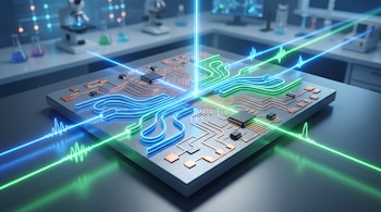 Placa con circuitos electrónicos, pistas de cobre y conductos luminosos azules y verdes, sobre una mesa con microscopios al fondo.