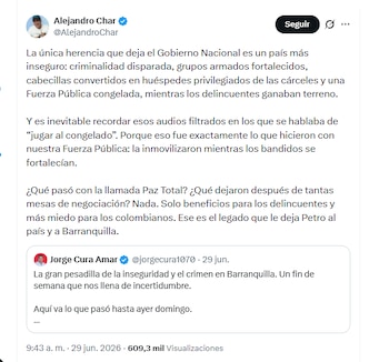 El alcalde de Barranquilla, Alejandro Char, culpó al Gobierno Petro por la situación de orden público en la ciudad - crédito @AlejandroChar/X