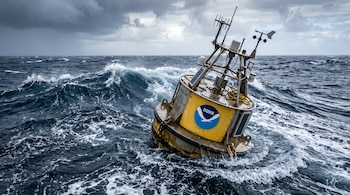Boya metálica de color amarillo con el logo de la NOAA y paneles solares flota sobre el mar picado bajo un cielo nublado.