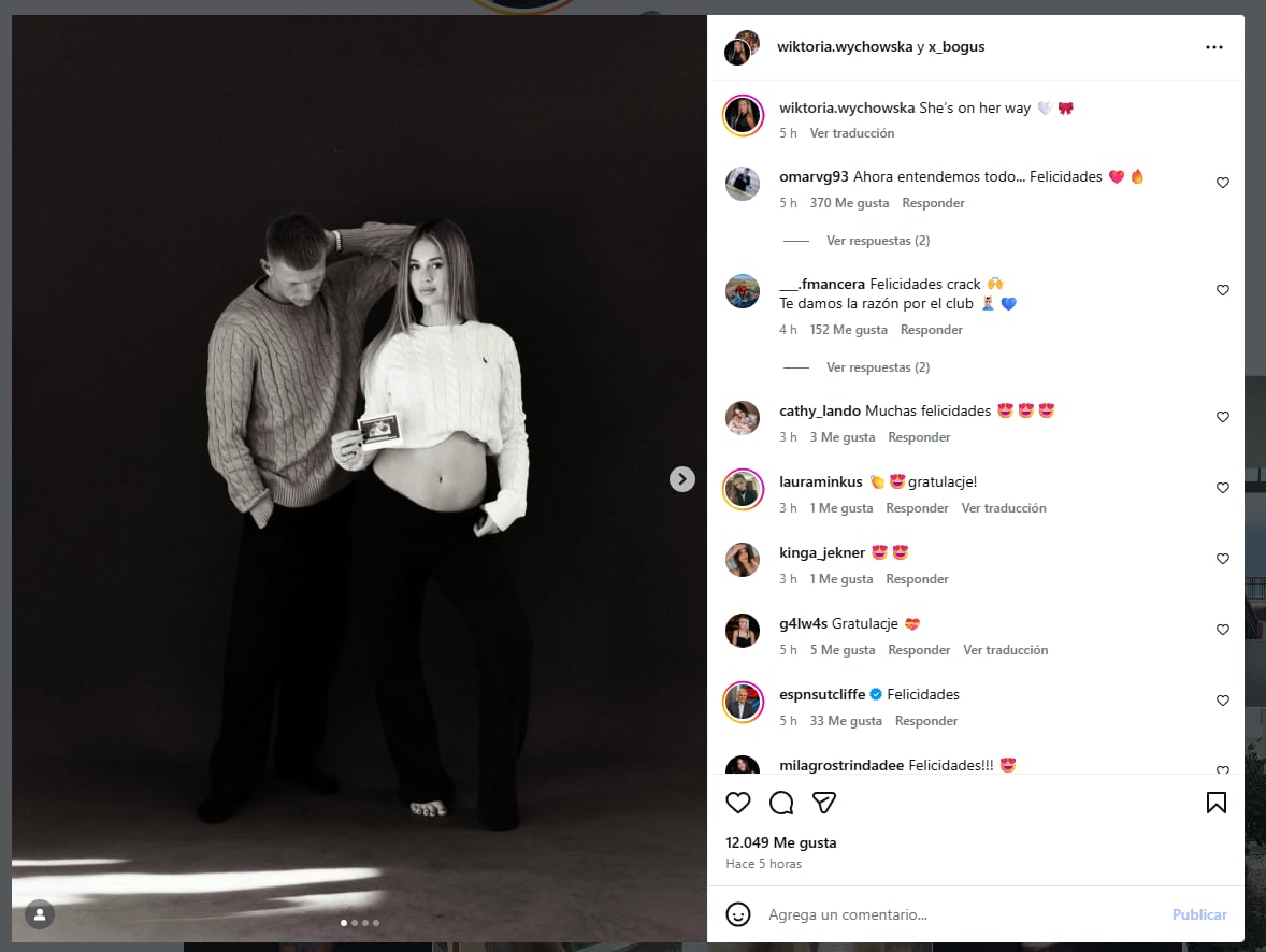 Mateusz Bogusz, mediocampista polaco de Cruz Azul, y su pareja Wiktoria Wychowska anunciaron el 7 de enero de 2026 en sus redes sociales que esperan a su primera hija.
