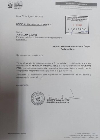 Carta de renuncia de Enrique